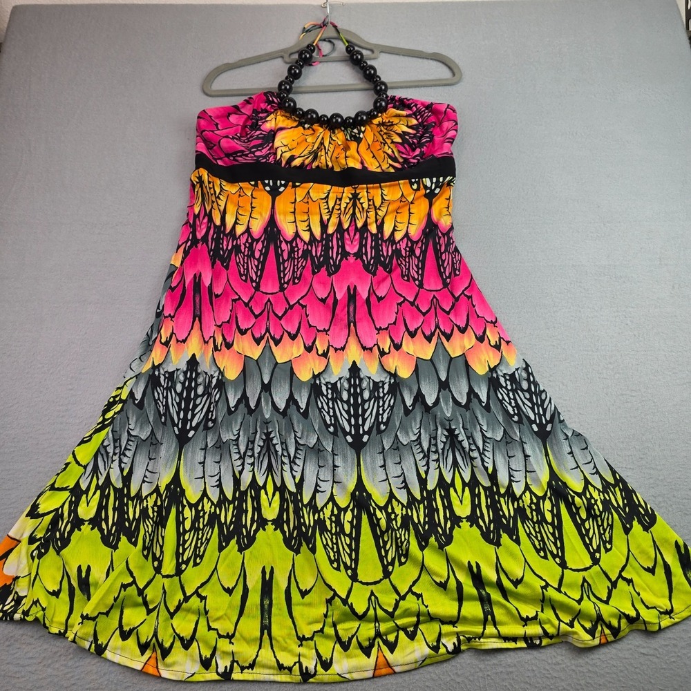Aftershock London Strapless Beaded Halter Dress Lrg Multicolor Feather Fit Flare